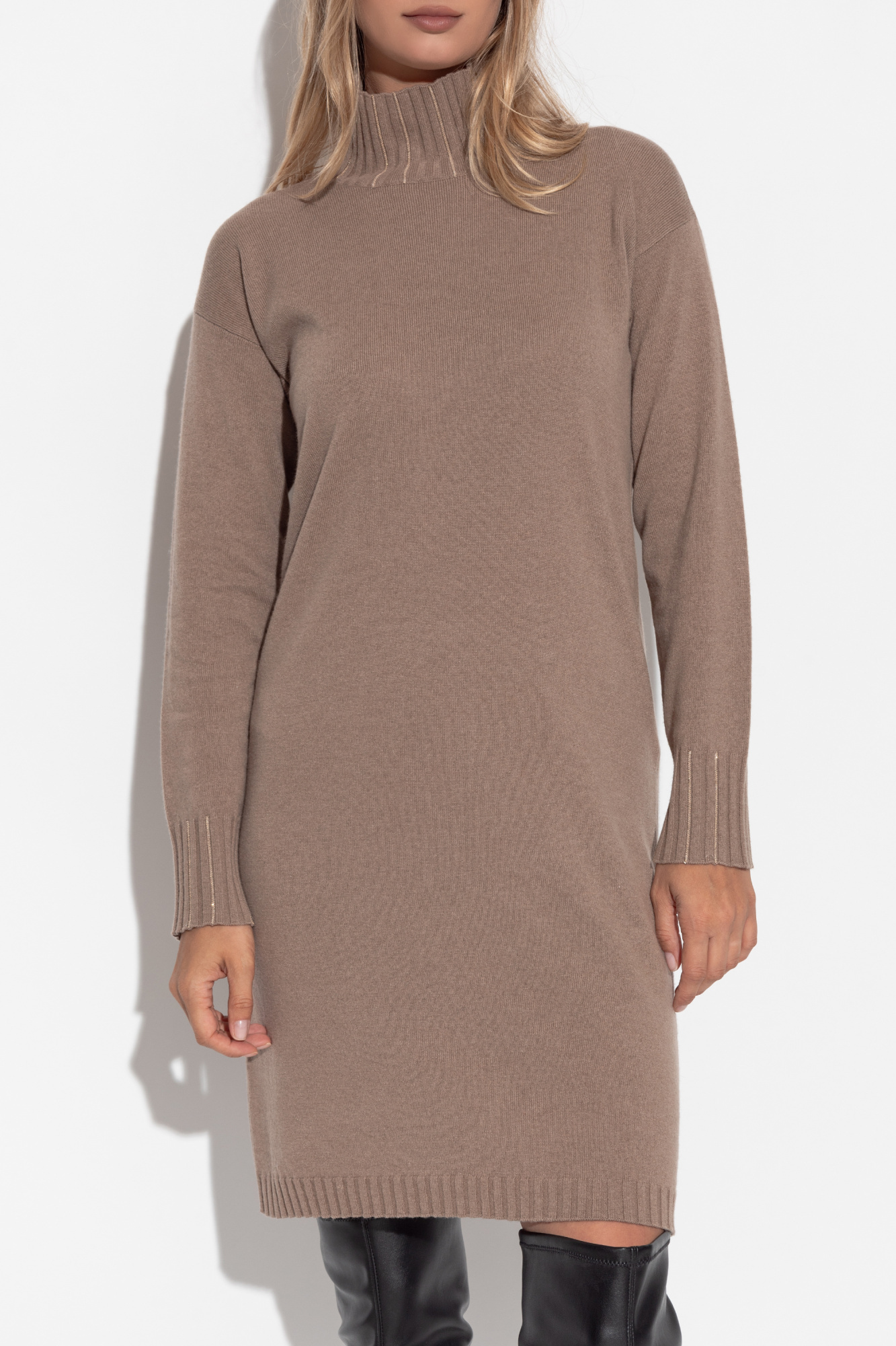 Fabiana Filippi Taupe Knitted Turtleneck Dress In Neutral