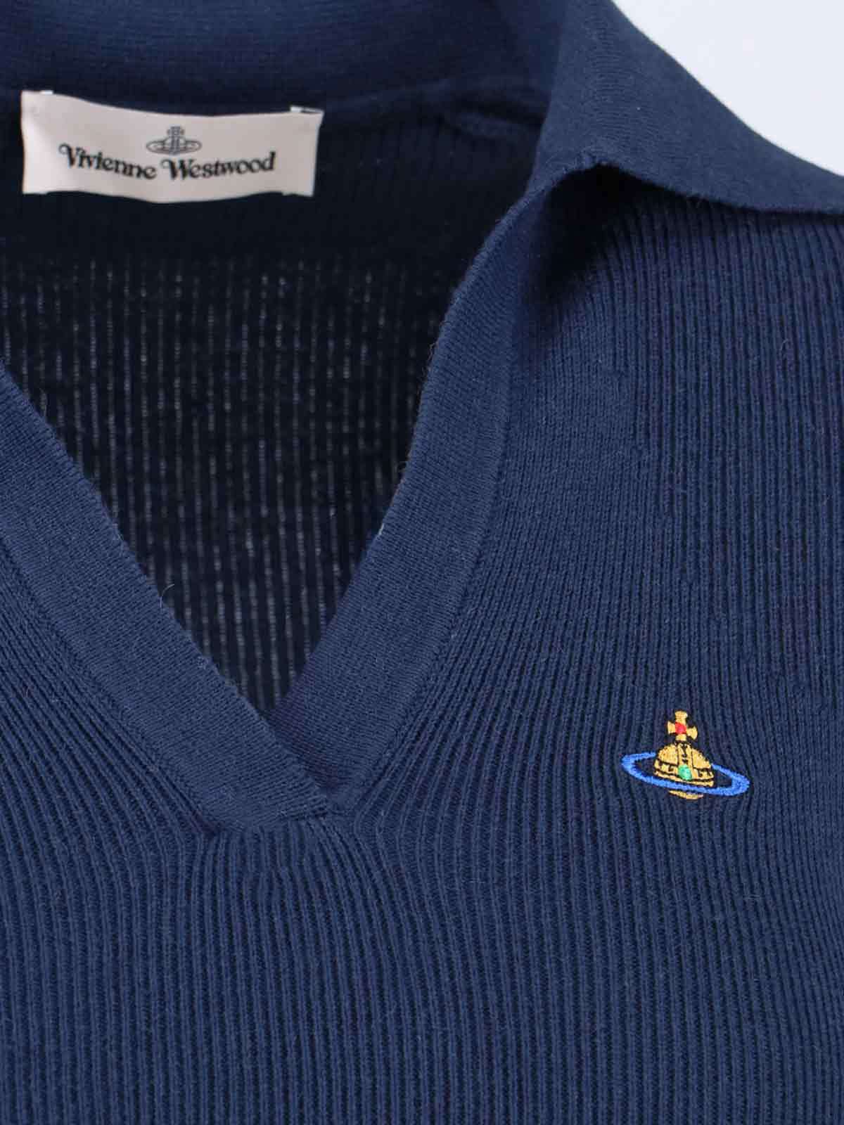 Vivienne Westwood Ribbed Texture V-neck Polo With Long Sleeves In Black