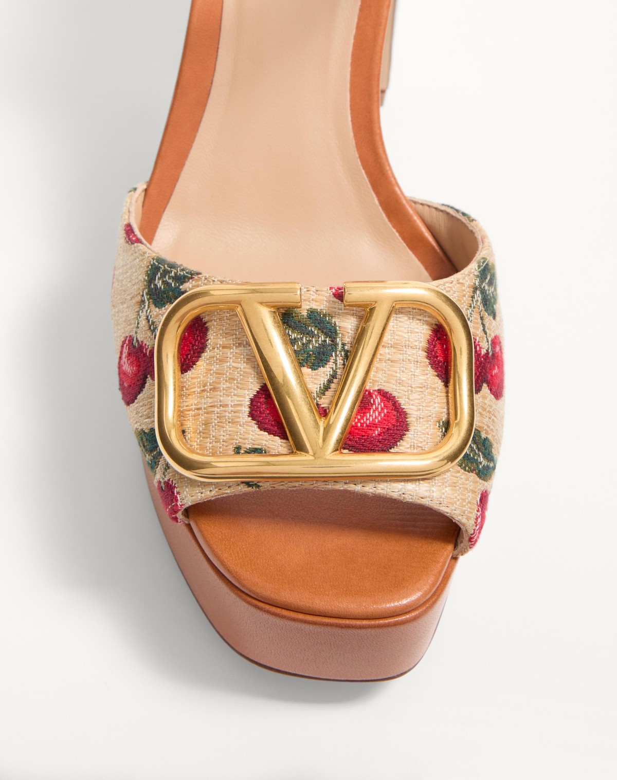 Valentino Cherry-embroidered Raffia Platform Sandals In Brown
