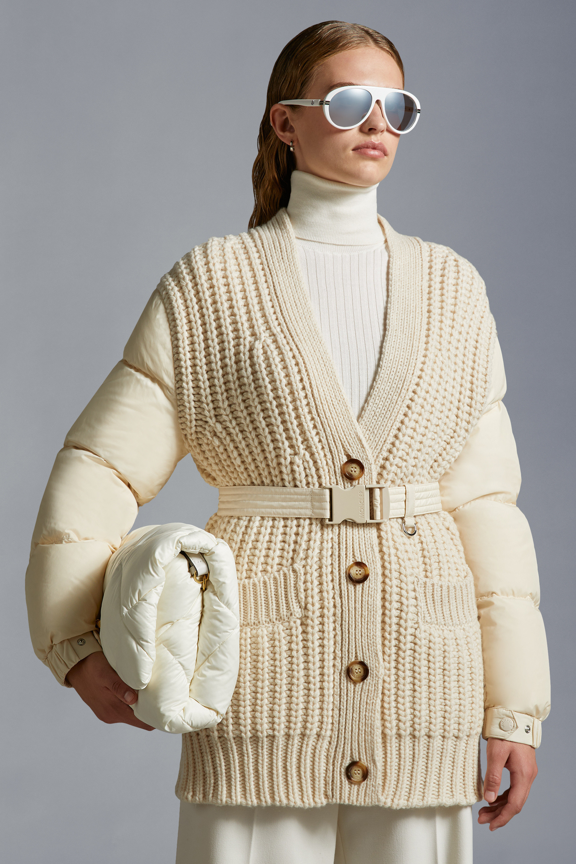 Moncler Panelled Padded Cashmere-wool Cardigan In White