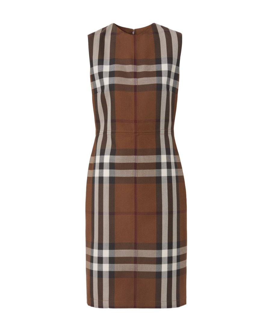 Burberry Sleeveless Midi Sheath Dress With Tartan Motif In Brown