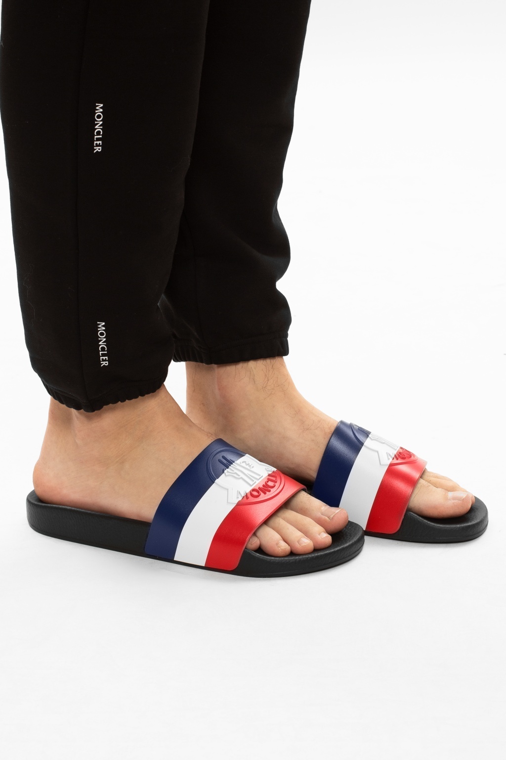 Shop Moncler Basile Tricolore Pool Slides In Black