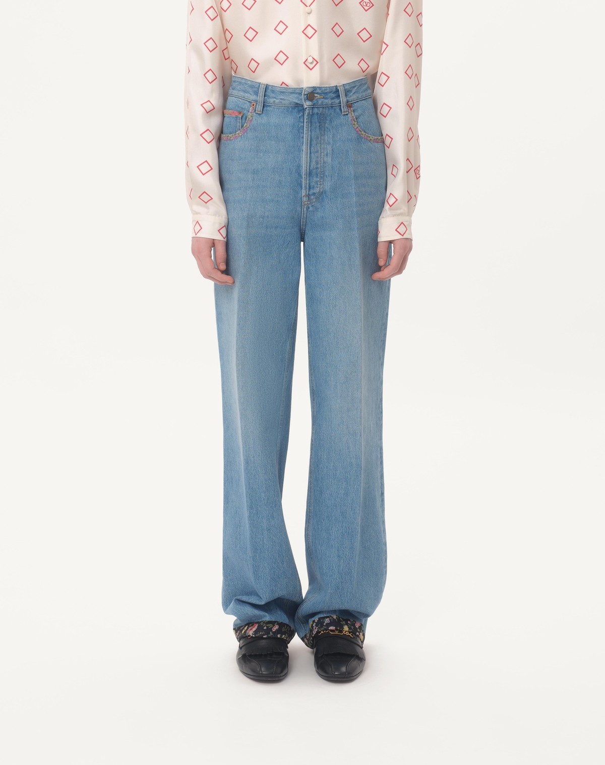 Valentino Denim Trousers With Floral Print Hem In Blue