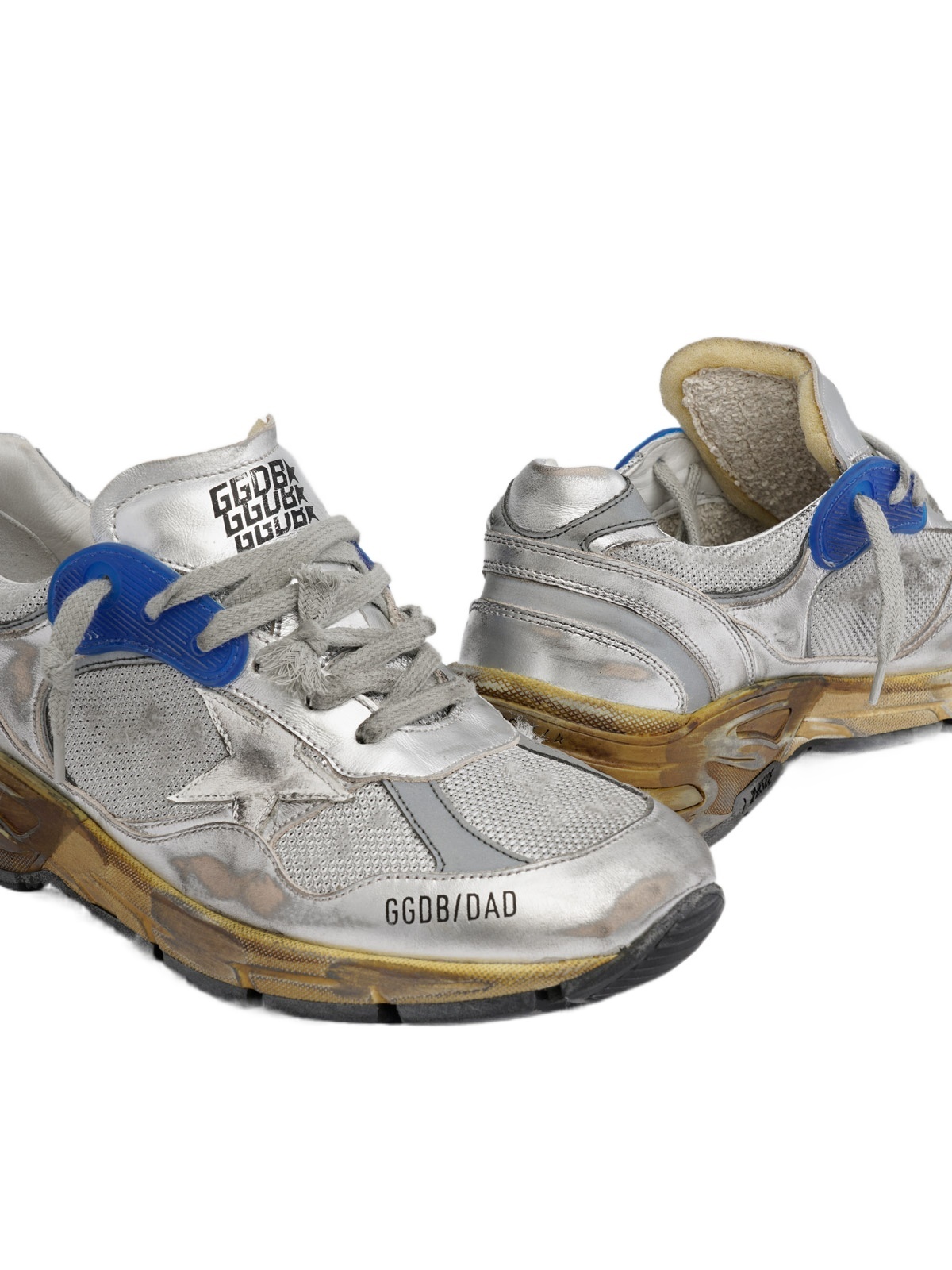 Golden Goose Women Running Dad Net And Laminated Upper Leather Star Laminated Spur Distressed In White