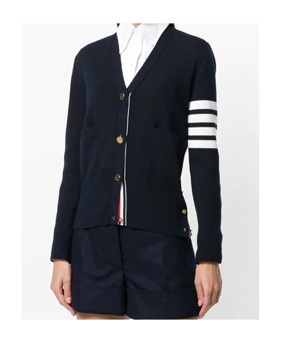 Thom Browne Ladies Navy Cashmere 4-bar Classic V-neck Cardigan In Black
