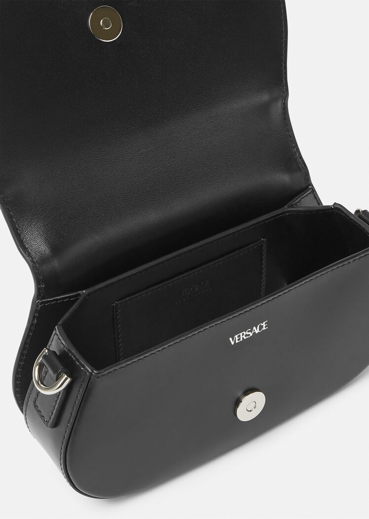 Versace Black Smooth Leather Greca Goddess Mini Shoulder Bag In Black