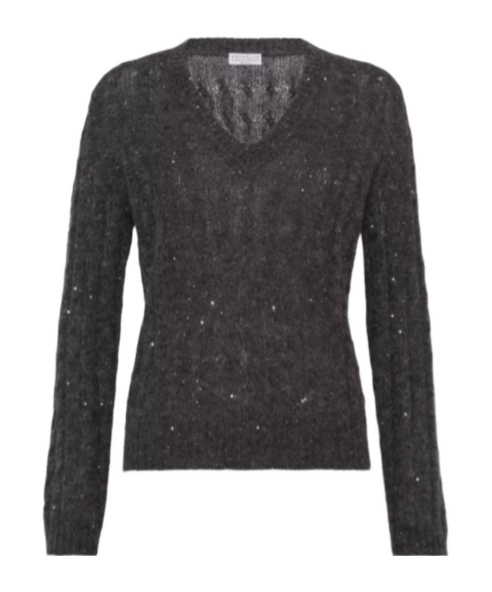 Brunello Cucinelli Textured Ribbed V-neck Sweater With Sparkling Details In Black