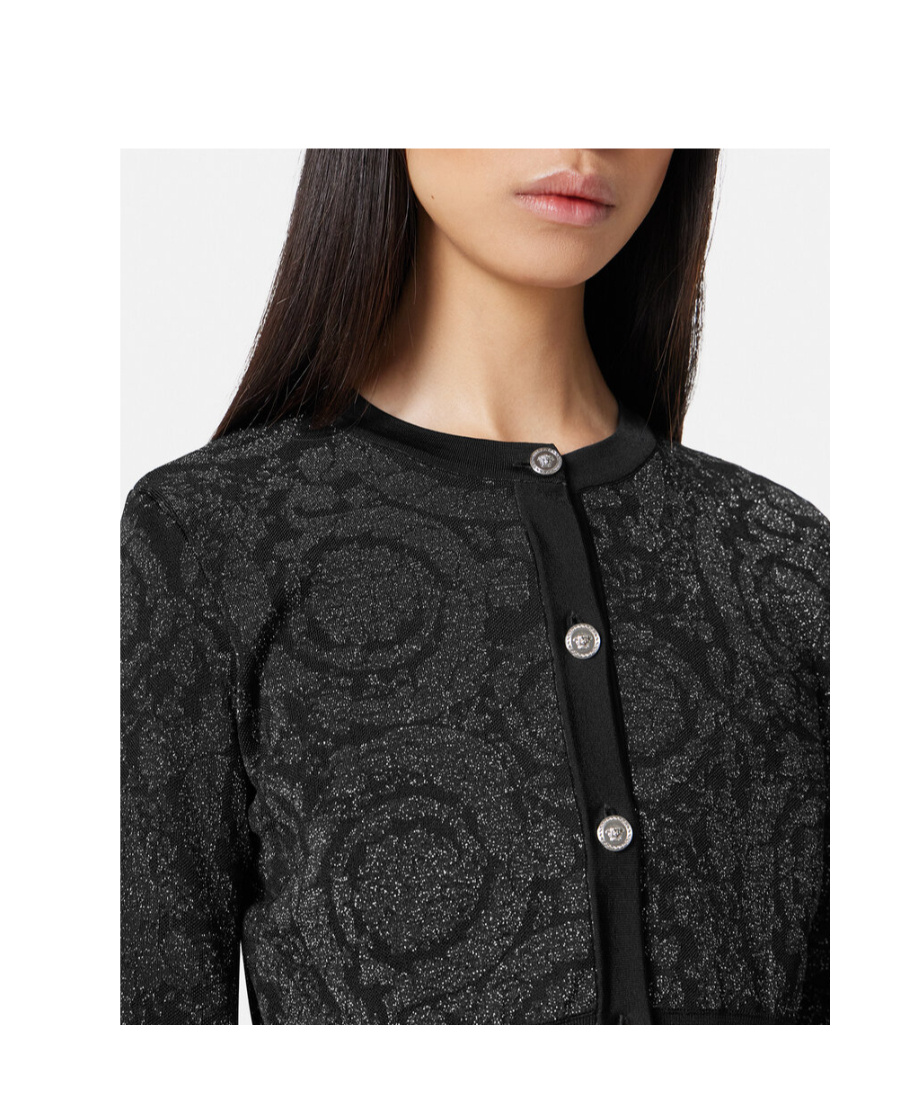 Versace Lurex Cropped Cardigan With Barocco Motif In Black