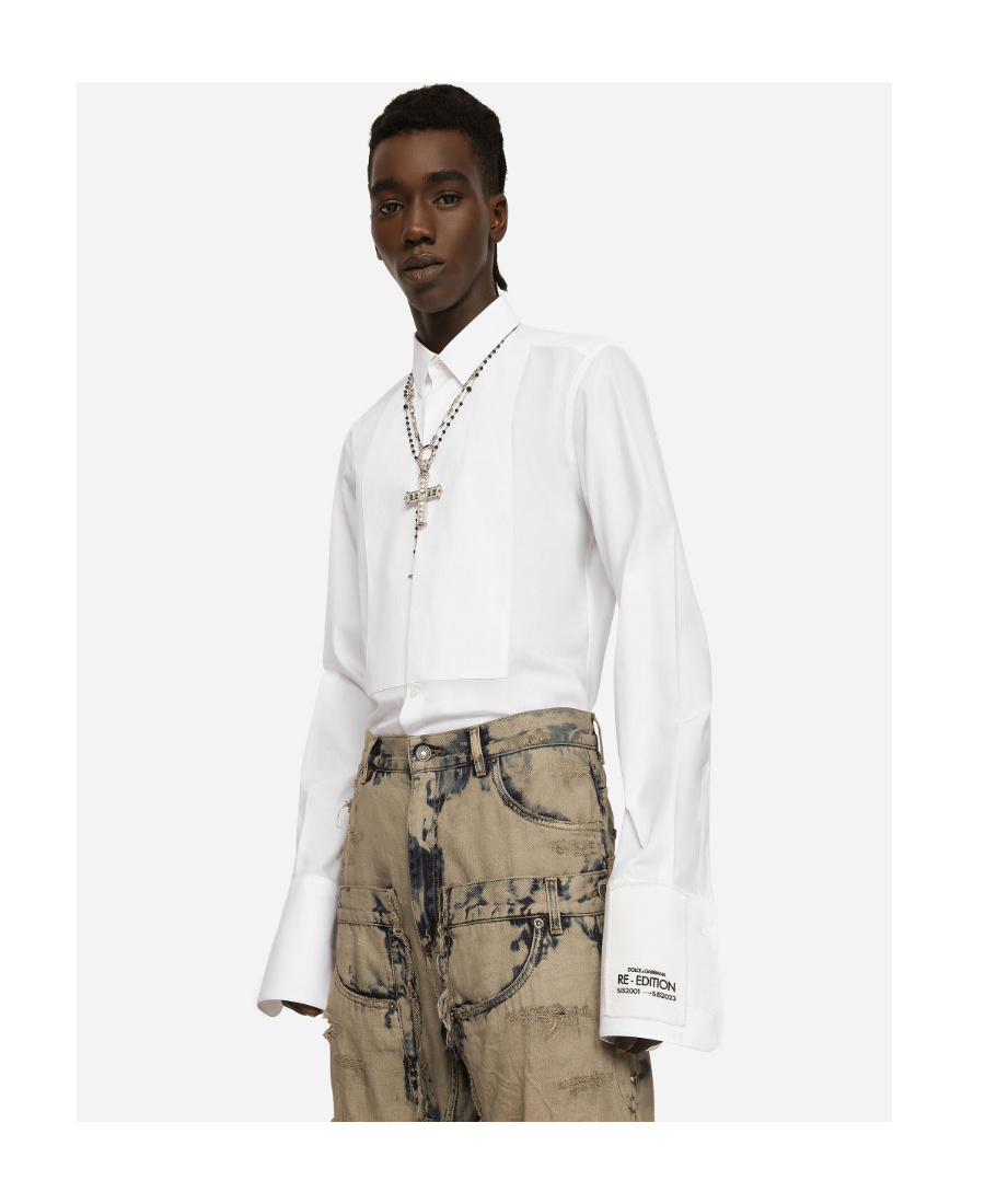 Dolce & Gabbana Cotton Poplin Gold-fit Tuxedo Shirt In White