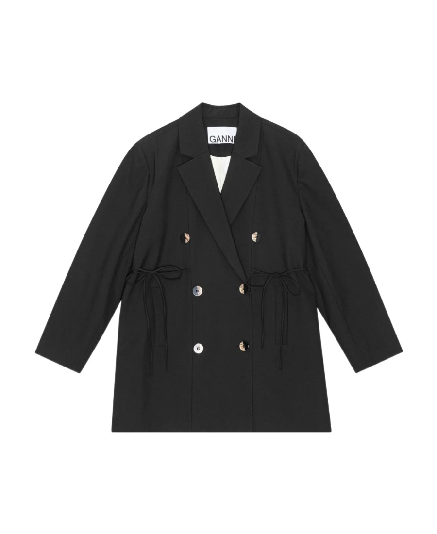 Ganni Oversized String-tie Double-breasted Blazer In Black
