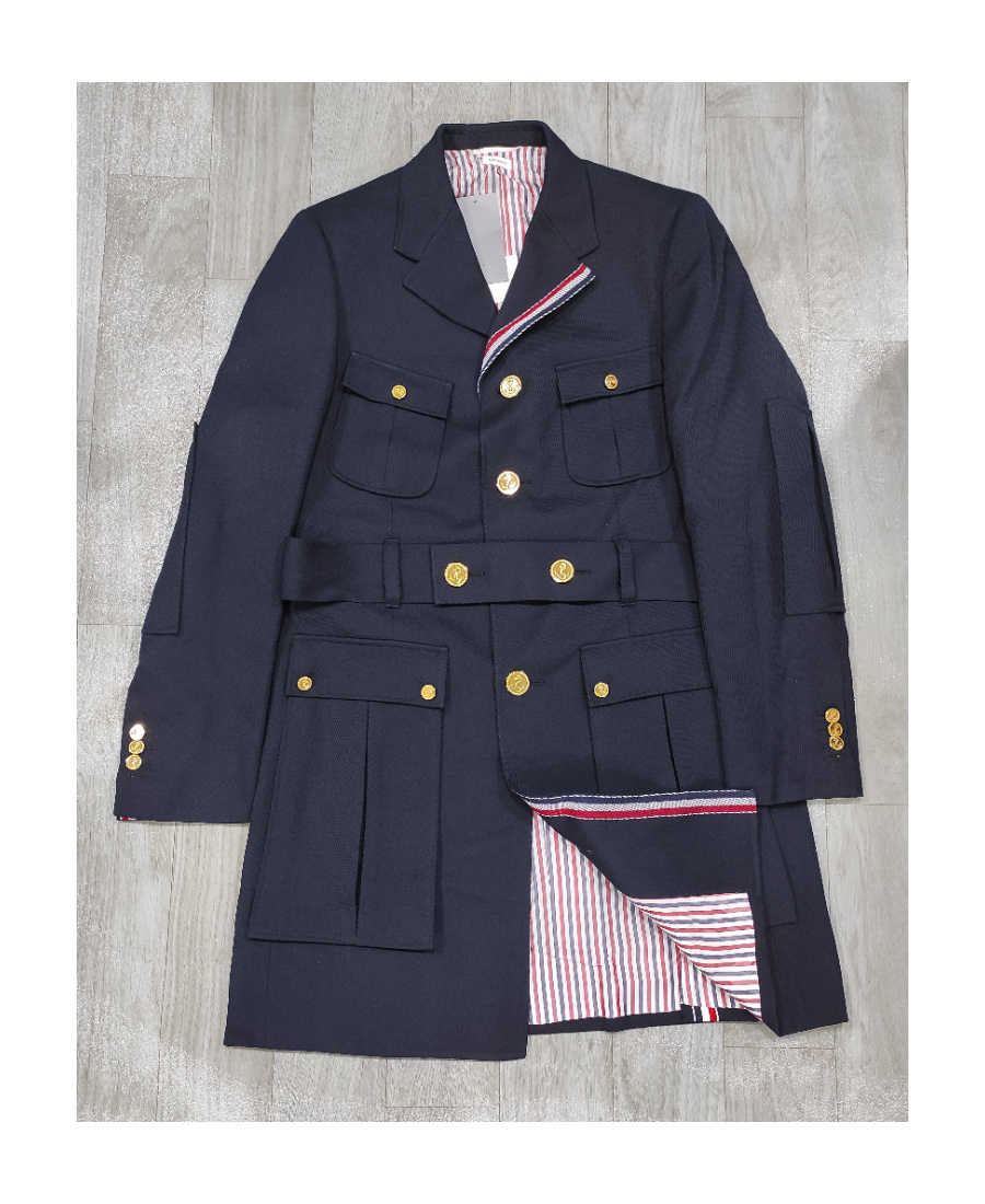 Thom Browne Navy Blue Lapel Coat In Black