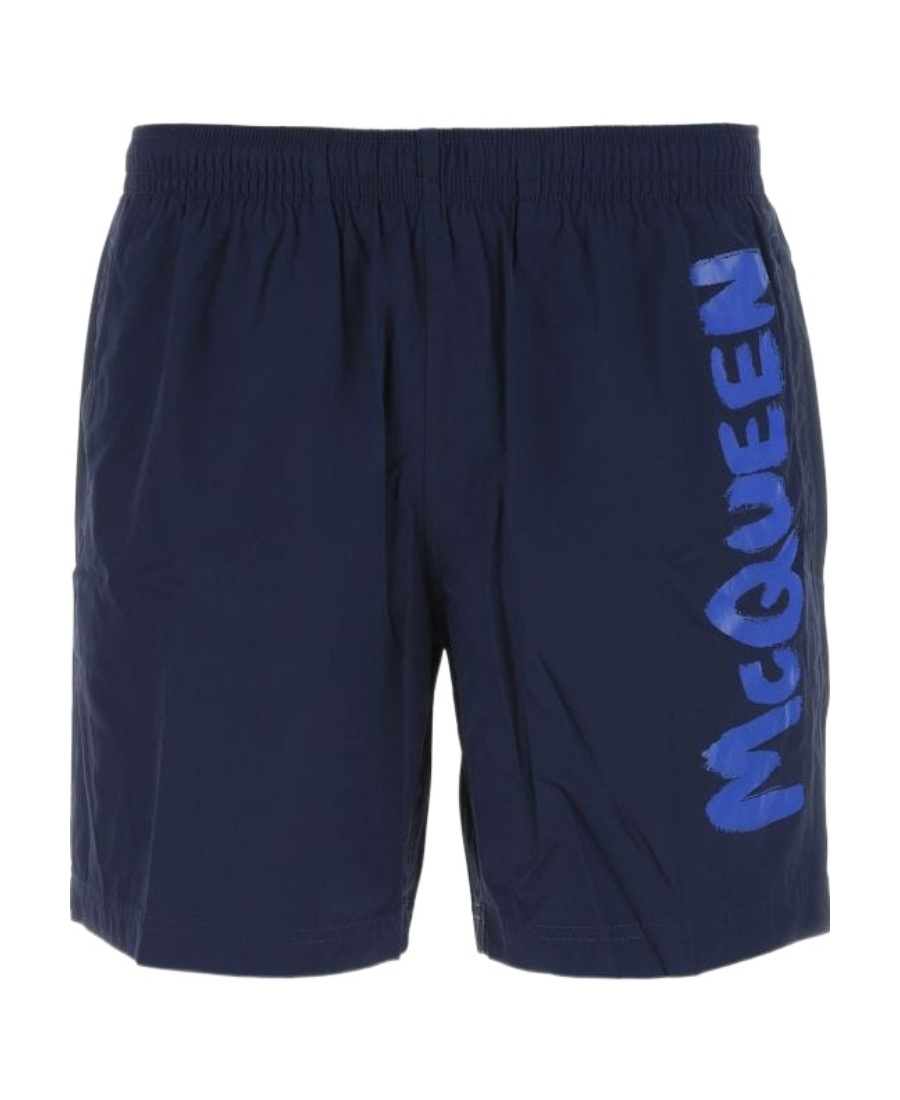 Alexander Mcqueen Graffiti Elastic Waist Beach Shorts In Blue