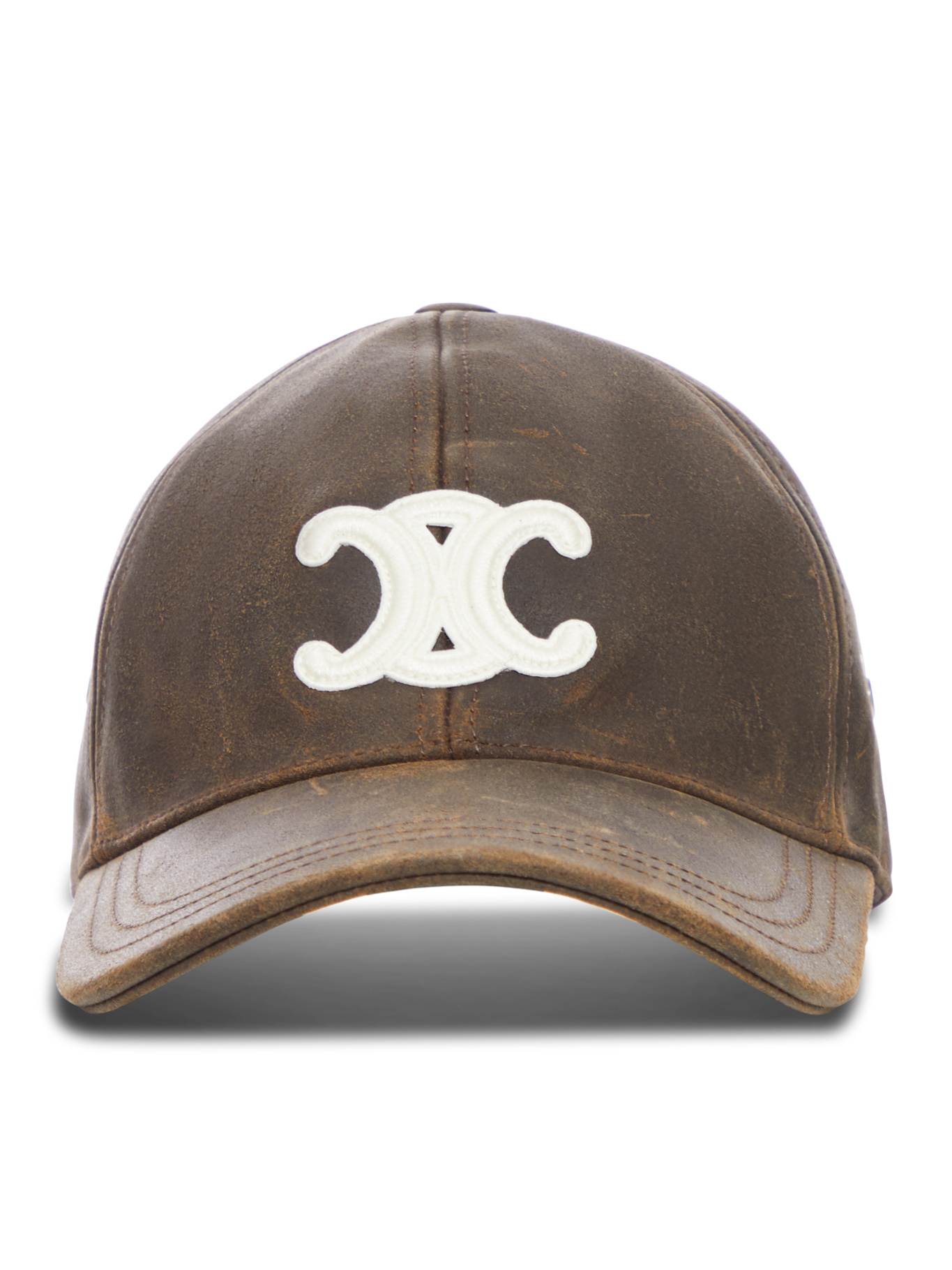 Celine Men Triomphe Leather Baseball Cap In Brown