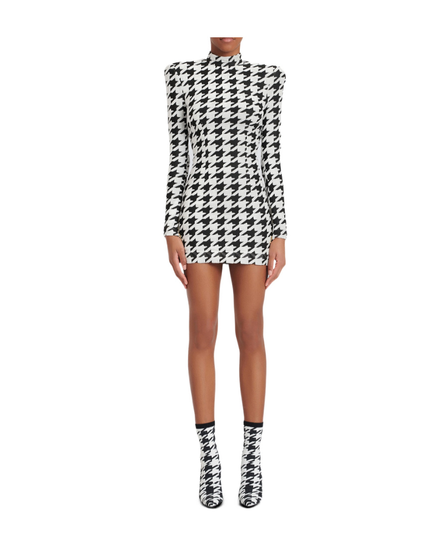 BALMAIN SHORT HOUNDSTOOTH PRINT VELVET DRESS