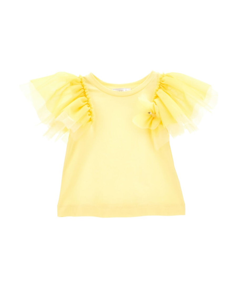 Monnalisa Tulle-sleeve Cotton T-shirt In Yellow