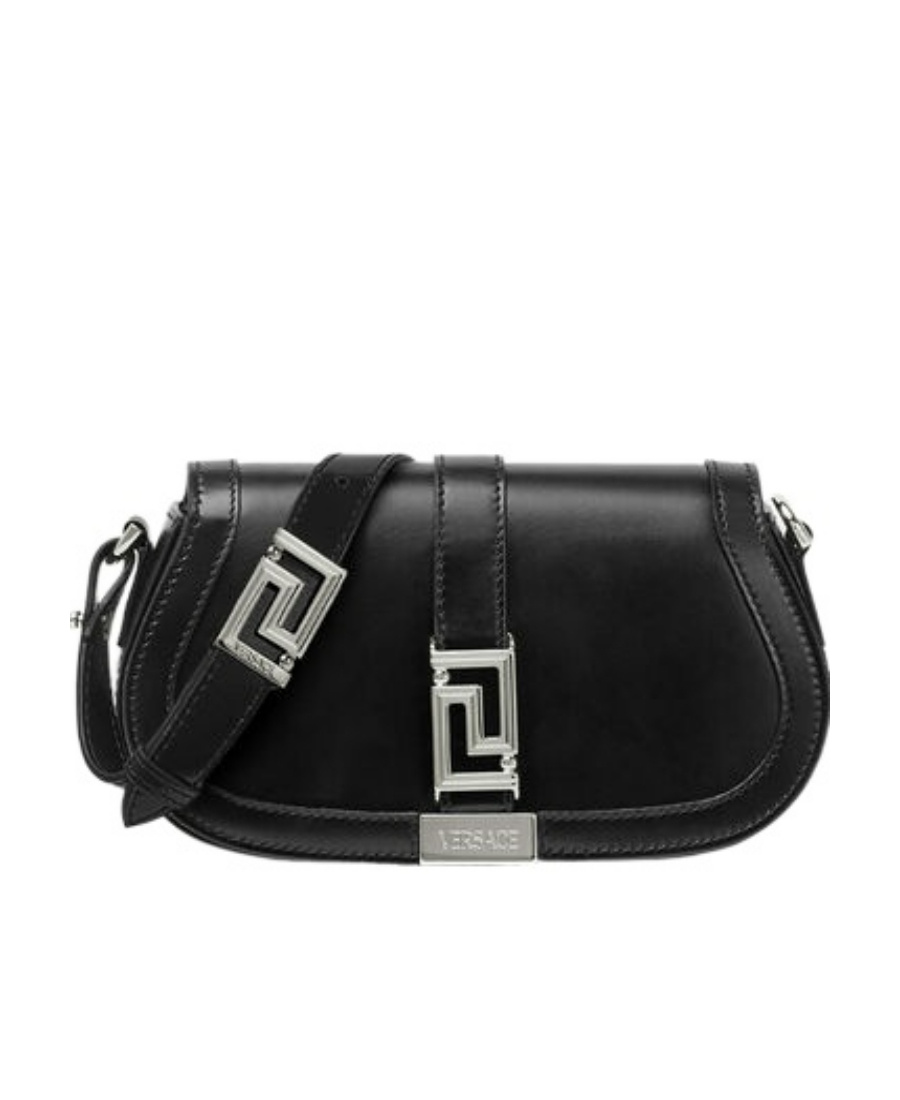Versace Black Smooth Leather Greca Goddess Mini Shoulder Bag In Black