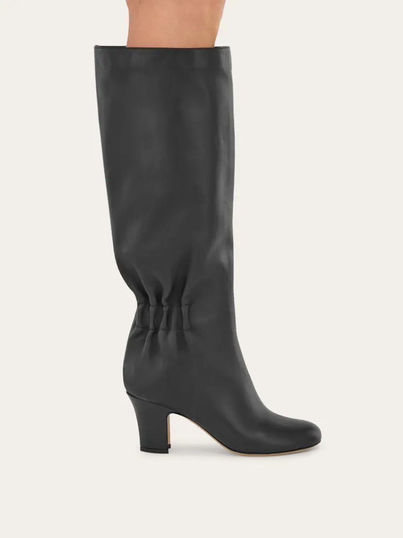 Ferragamo Knee-high Boots With Curled Design And Block Heel In Black