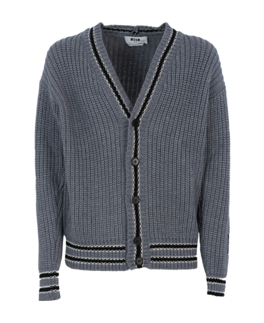 Msgm Striped-trim Buttoned Cardigan In Gray
