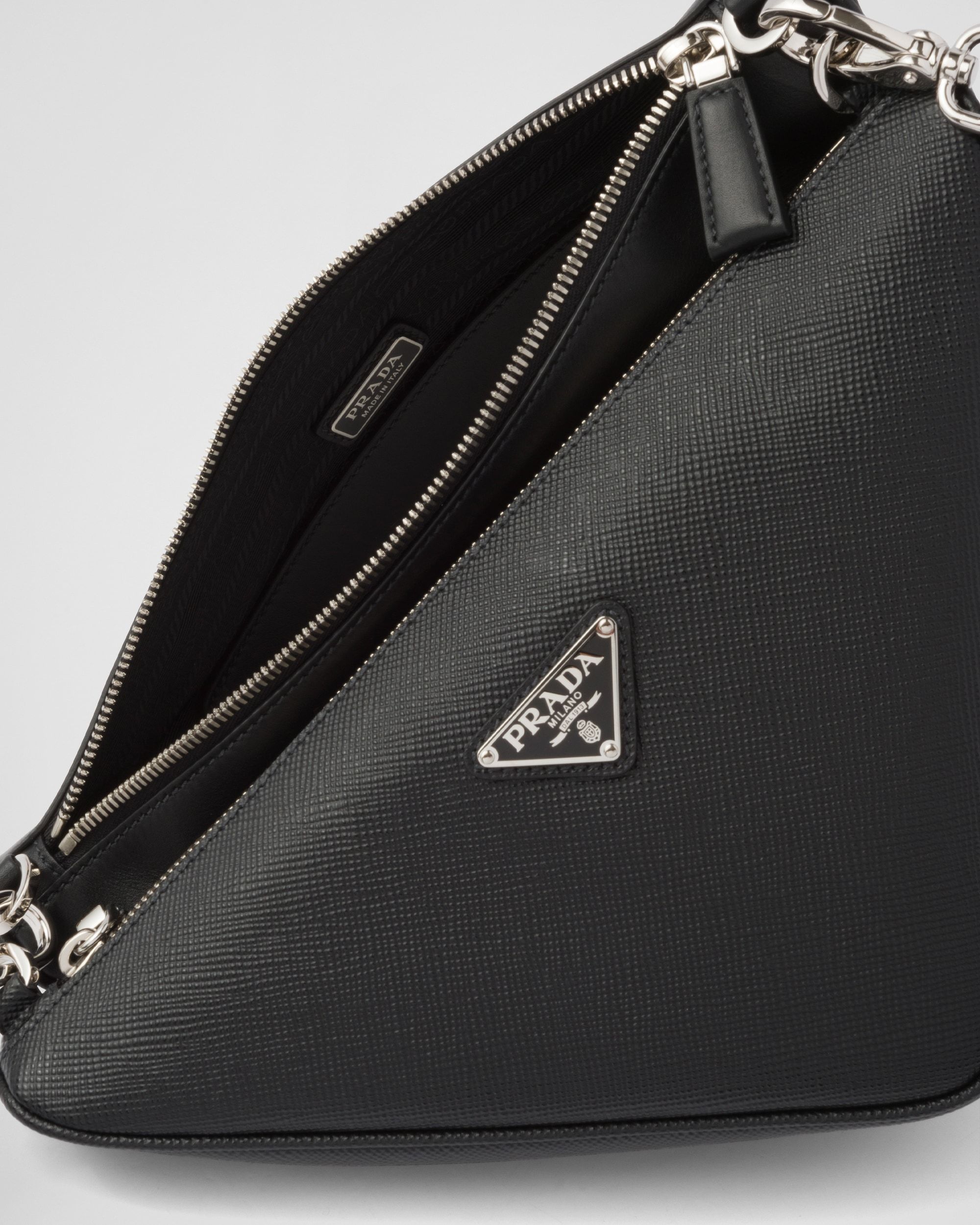 Prada Saffiano Leather And Leather Shoulder Bag In Black