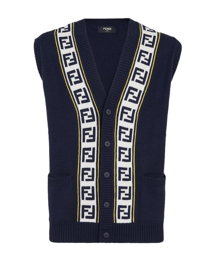 Fendi Logo Intarsia Button-up Vest In Blue