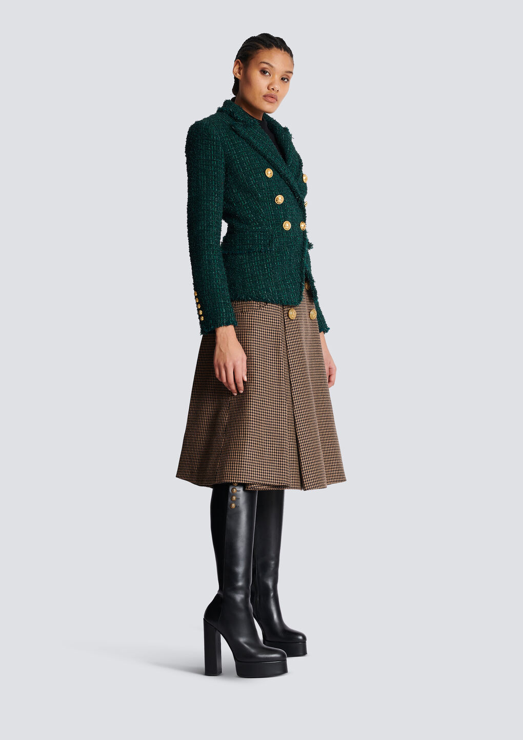 Balmain Tweed Double-breasted Blazer Jacket In Green