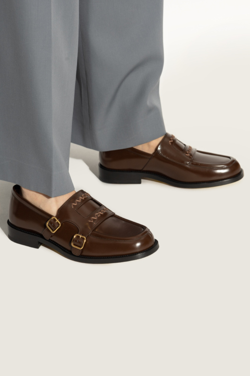 Marni Leather Loafers With Stitched Detailing And Shape In Brown