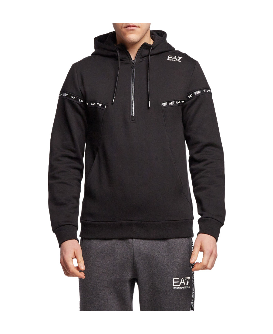 Ea7 Semi-zipper Design Logo Hooded Sweater In Black