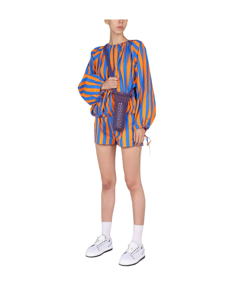 Shop Sunnei Striped Printed Puff-sleeved Blouse In Blue