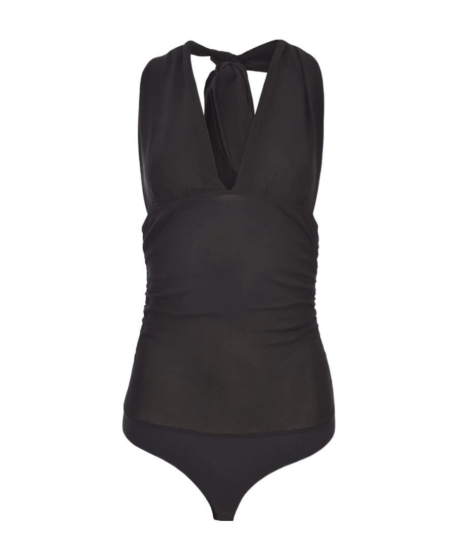 Pinko Halterneck Ruched Sheer Fabric Tops In Black