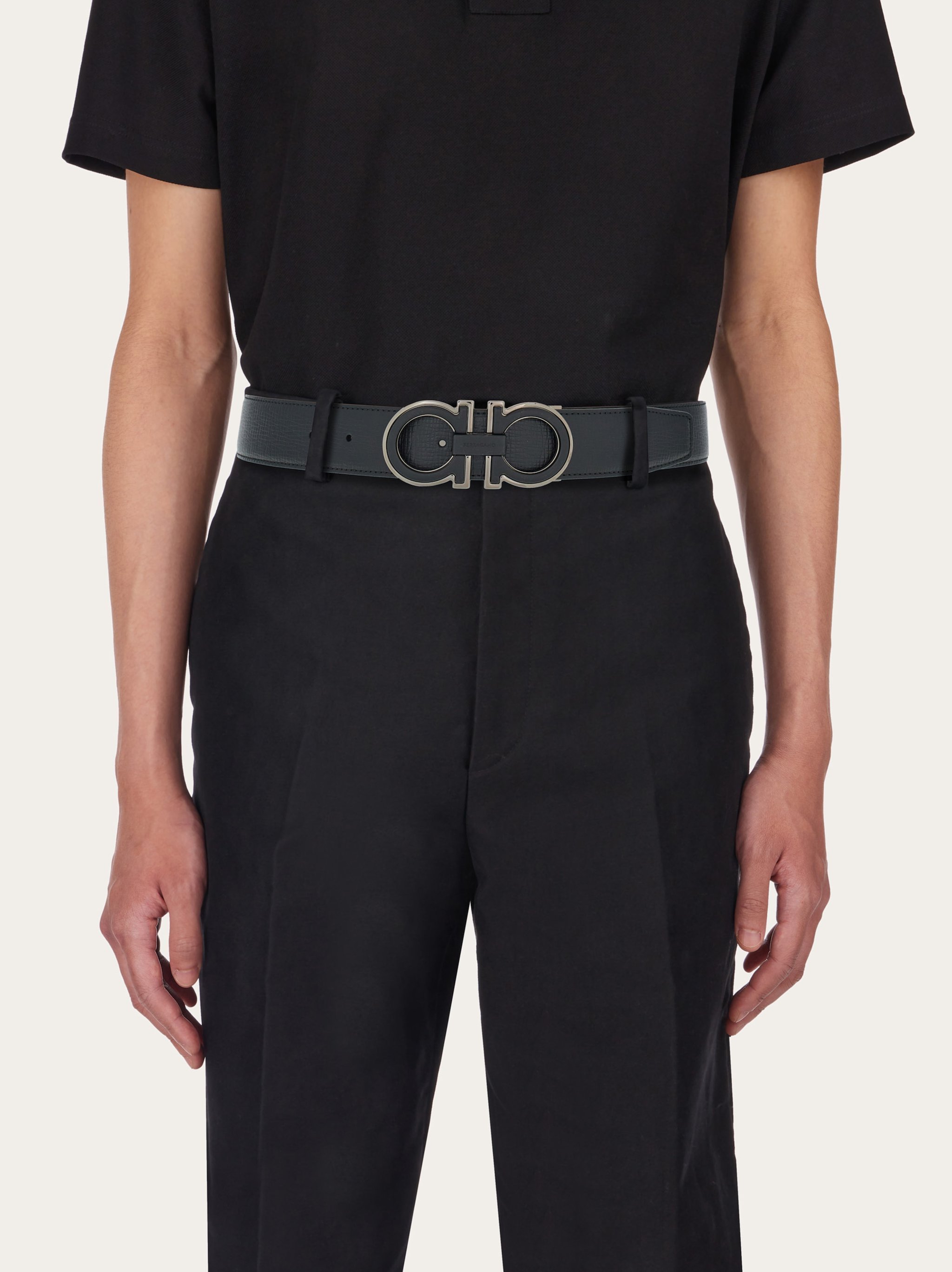 Ferragamo Salvatore Man's Bicolor Leather Belt With Logo Buckle In Black