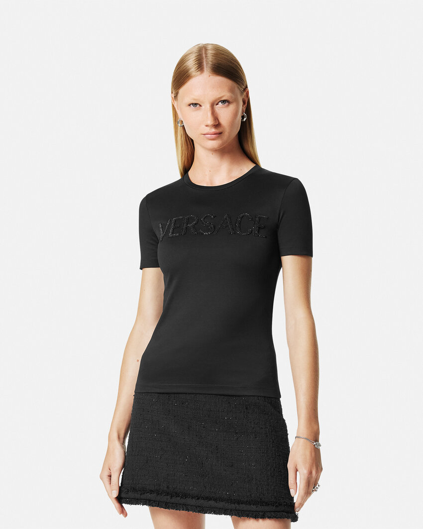 Versace Crystal Logo Crew Neck Top In Black