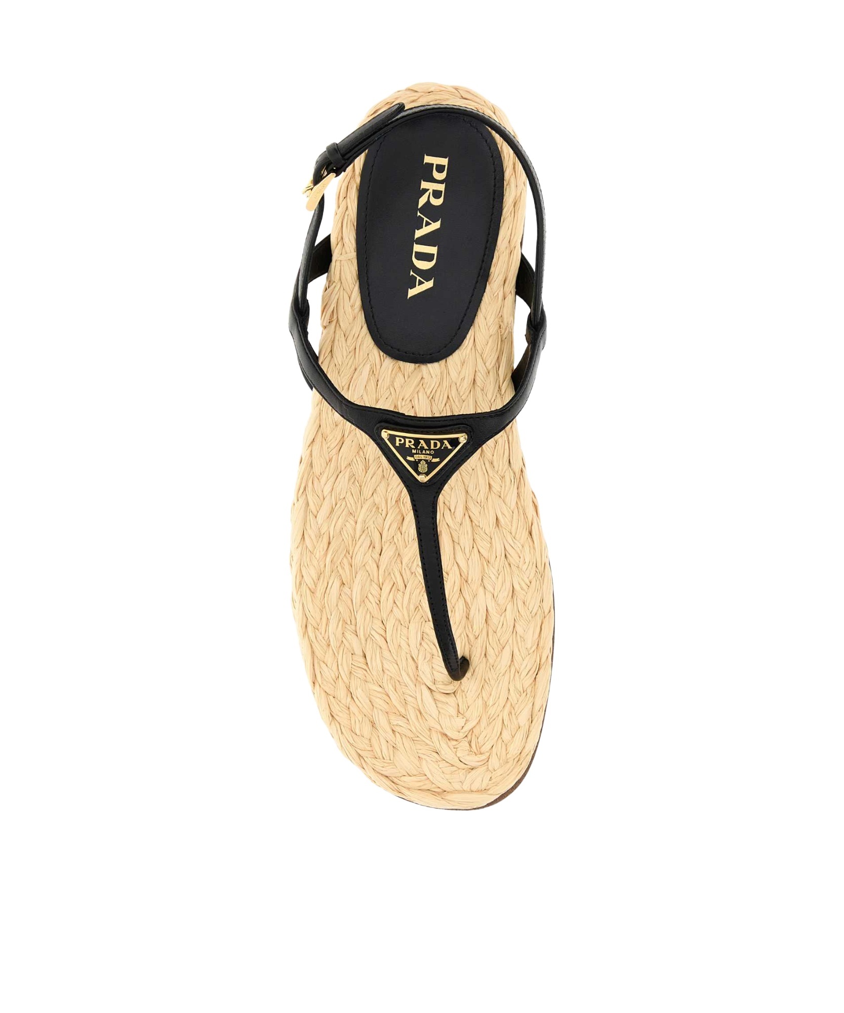 Prada Triangle Logo Raffia And Leather Flat Sandals In Black
