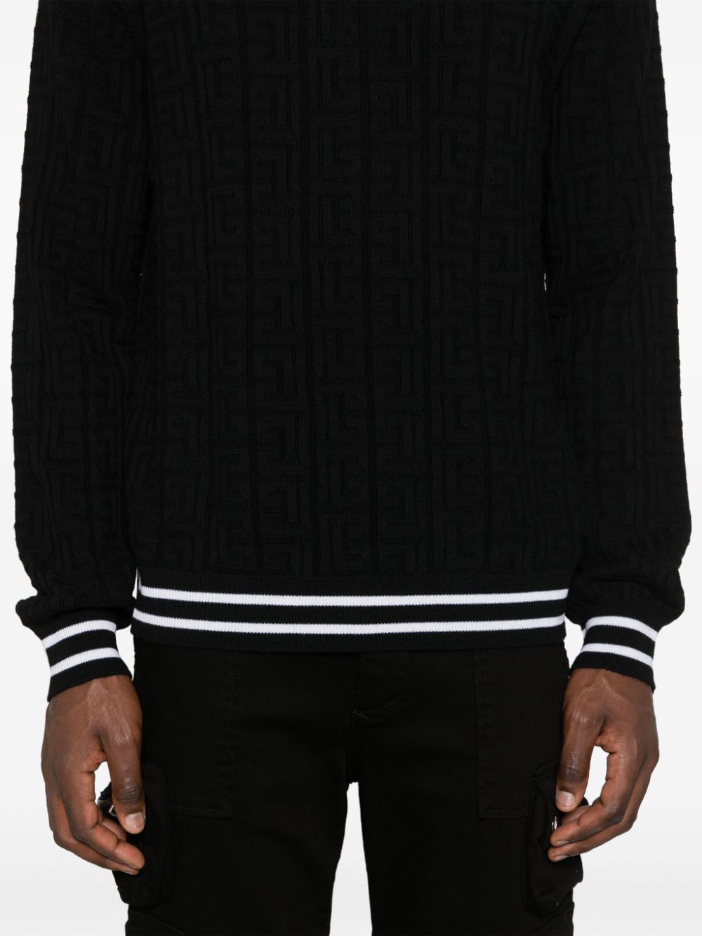 Balmain Merino Wool Sweater With Stripe Detail And Jacquard Pattern In Black