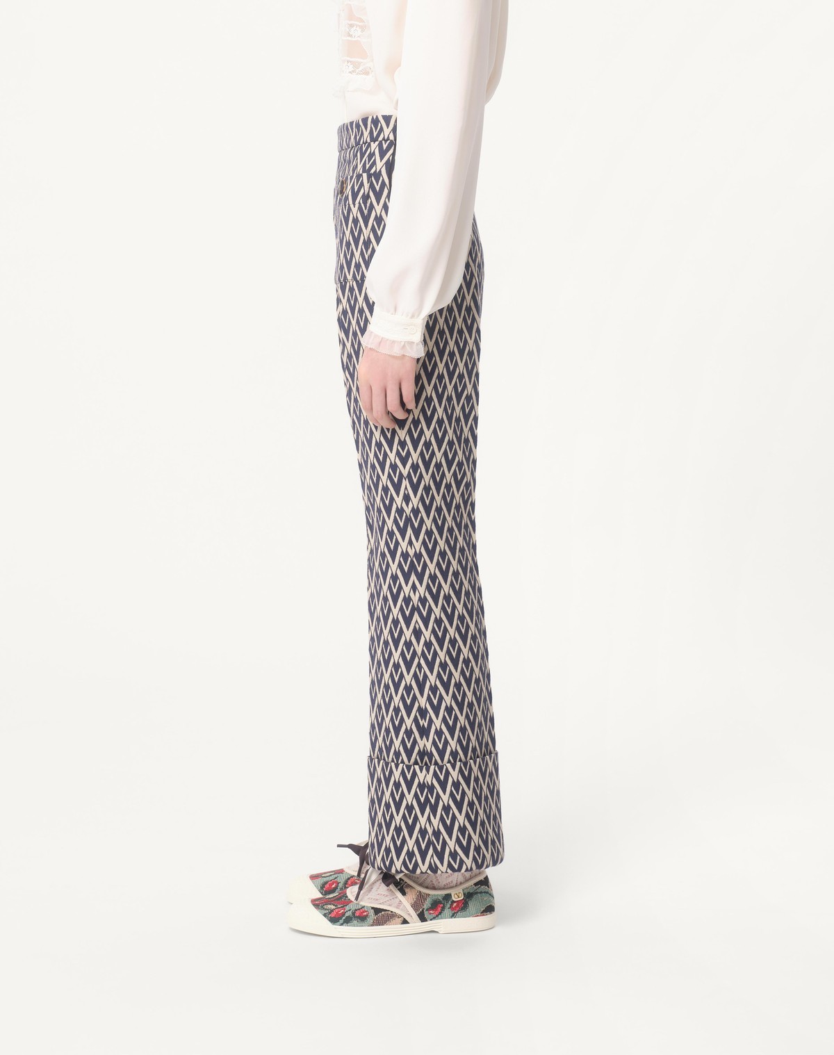 Valentino Geometric Pattern Cuffed Hem Trousers In Gray