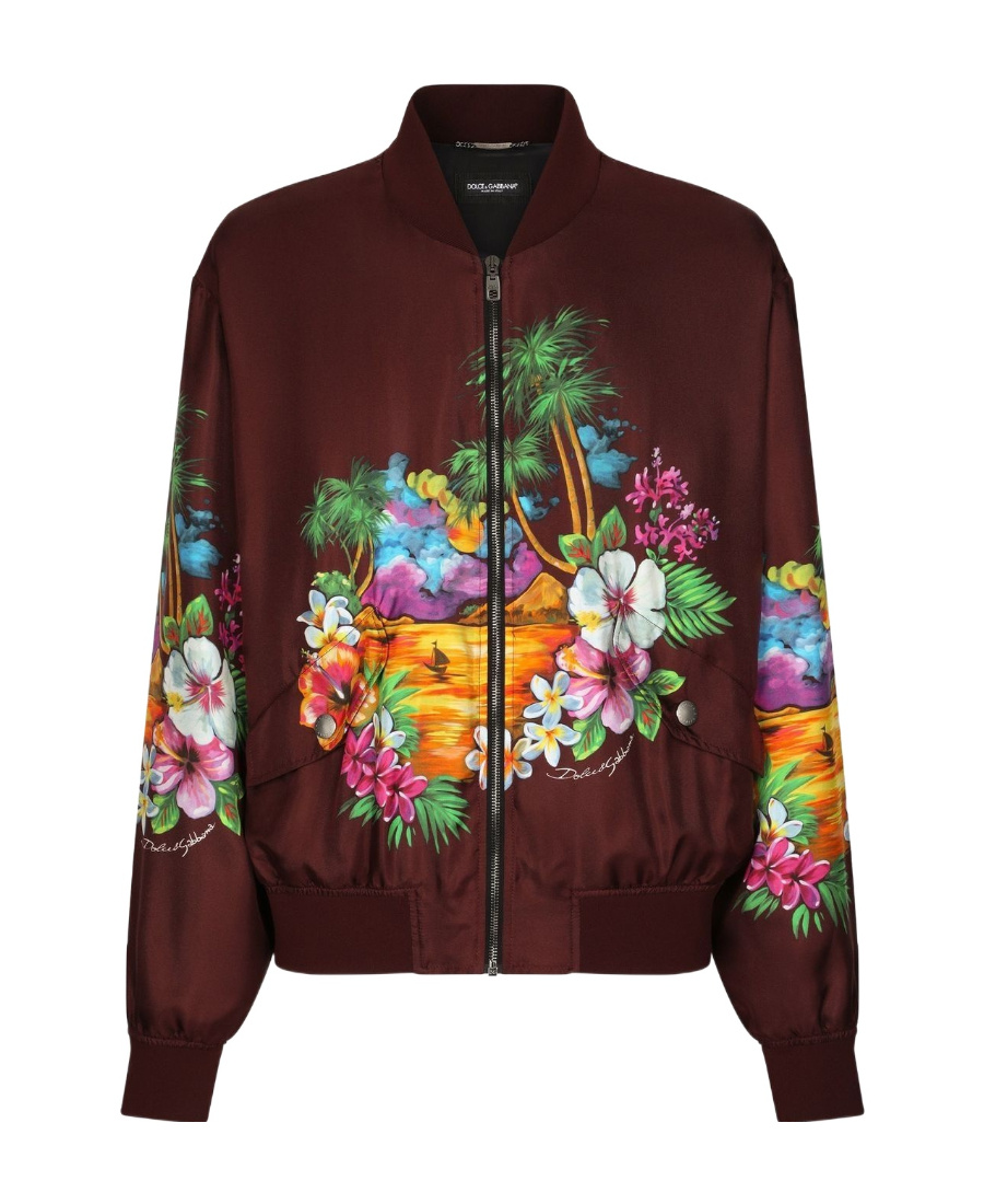 Dolce & Gabbana Maroon Floral Print Full Zip Bomber Jacket In Multicolor