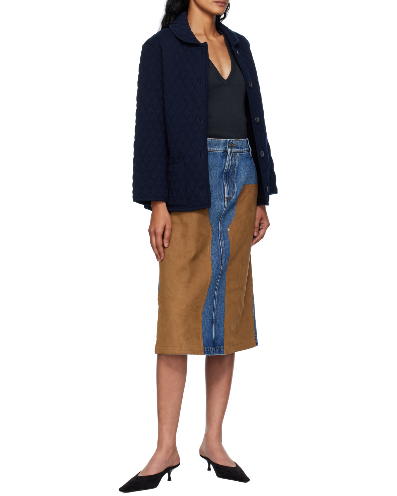 Stella Mccartney Faux Suede-trimmed Denim Midi Skirt In Brown