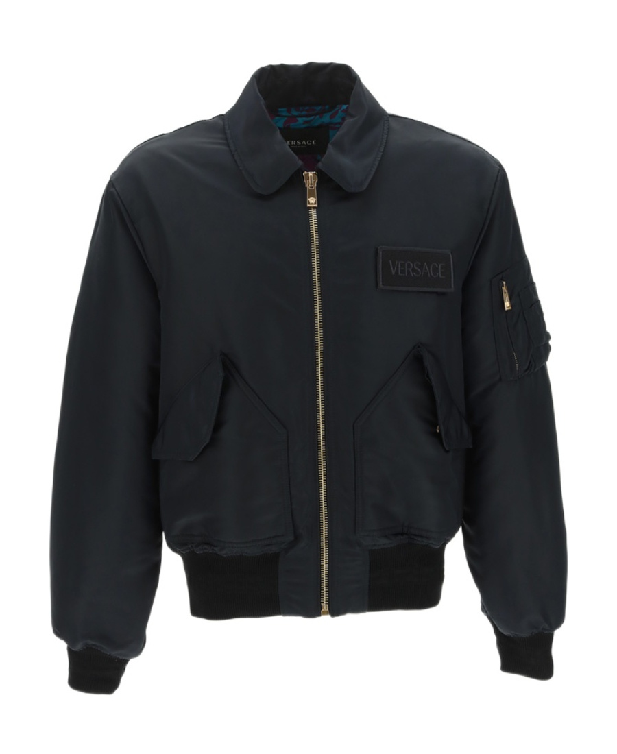 Versace Quilted Zip-up Bomber Jacket With Logo Patch In Black