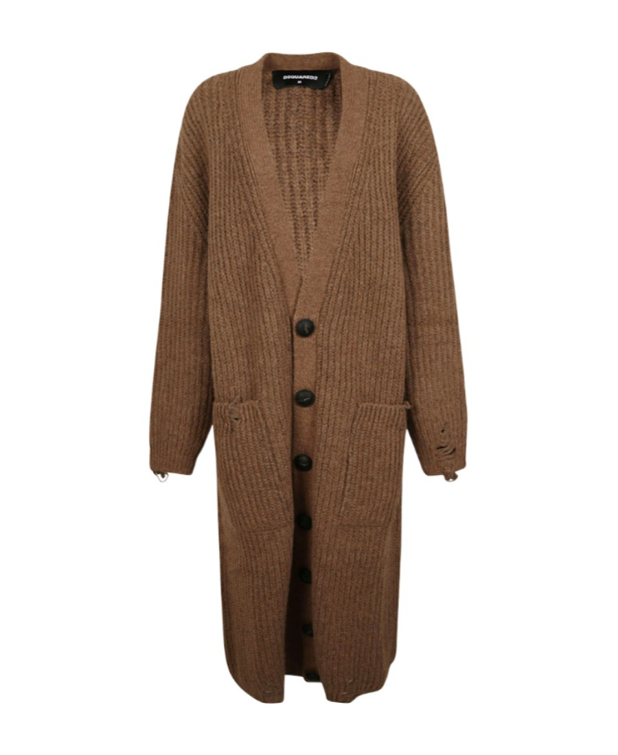 Dsquared2 Extra-long Distressed Knitted Cardigan In Brown