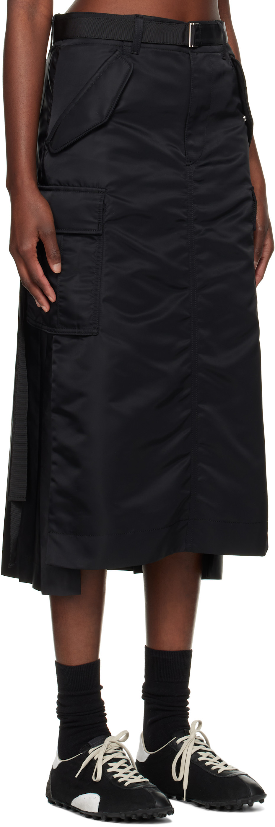Sacai Black Nylon Twill Midi Skirt In Black