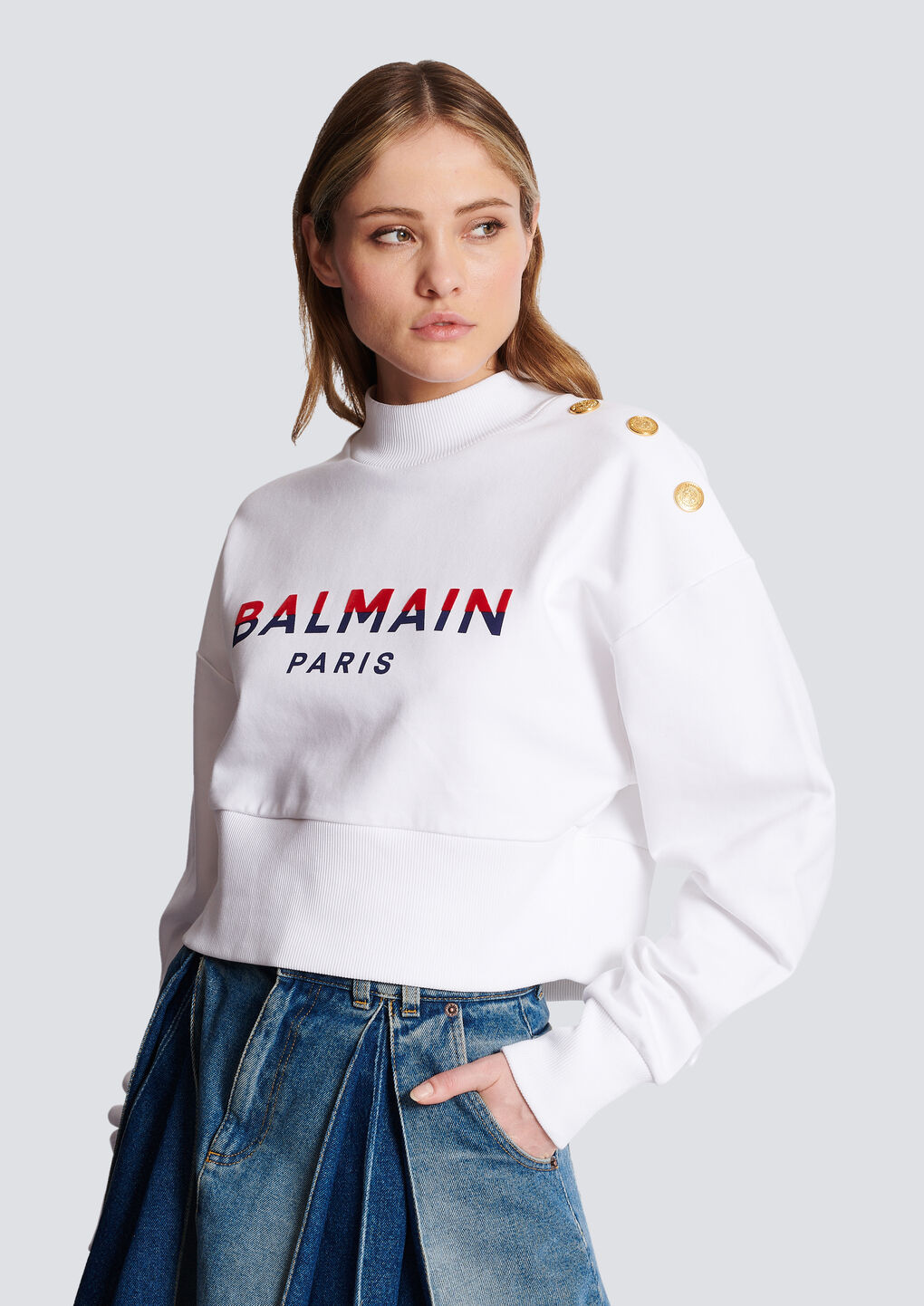 Balmain 3-button Flocked Logo-print Crop Sweatshirt In White