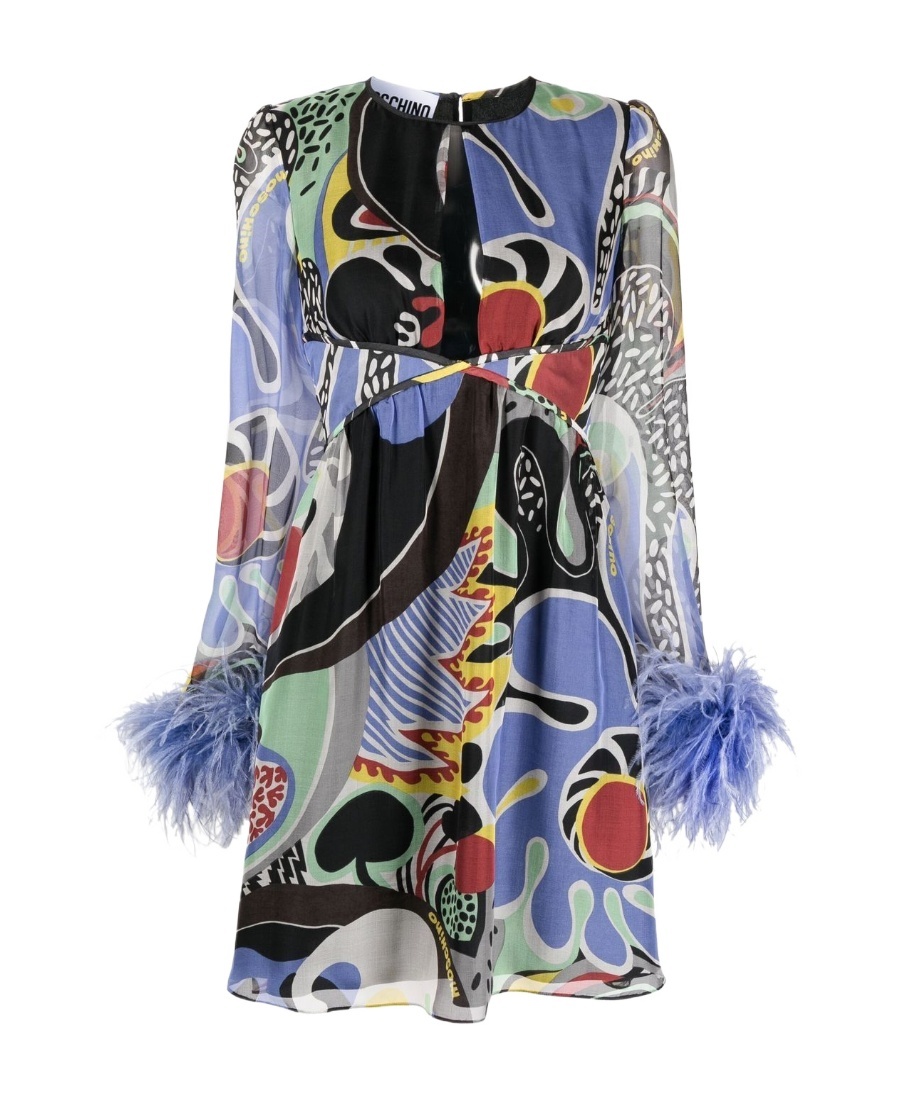 Moschino Feather-trim Psychedelic Print Dress In Multicolor