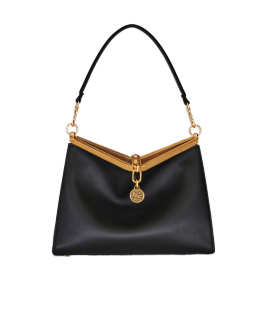 Etro 'small Vela' Black Shoulder Bag With Logo And Pegasus Charm In Black
