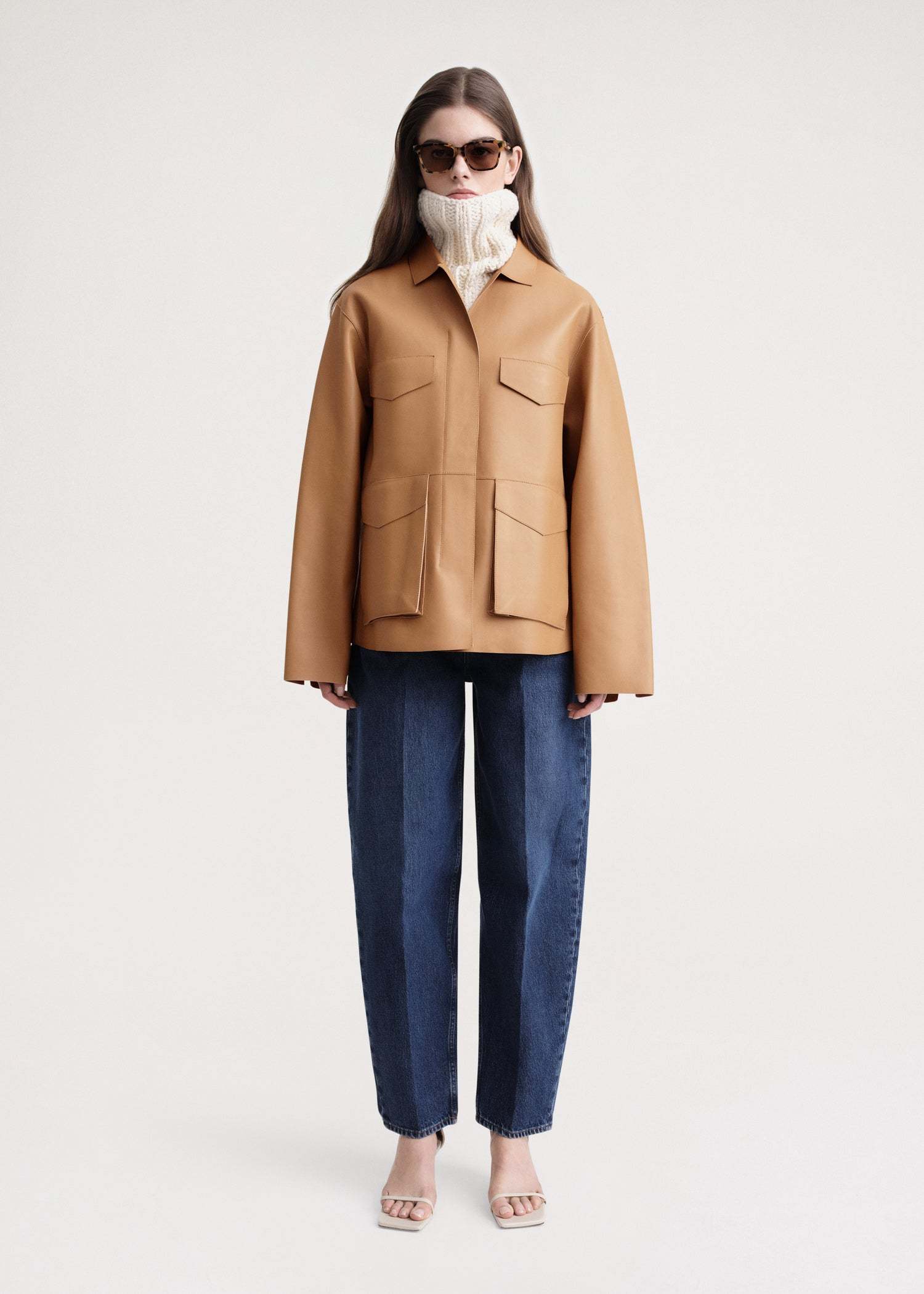 Totême Flared-hem Leather Jacket In Nude