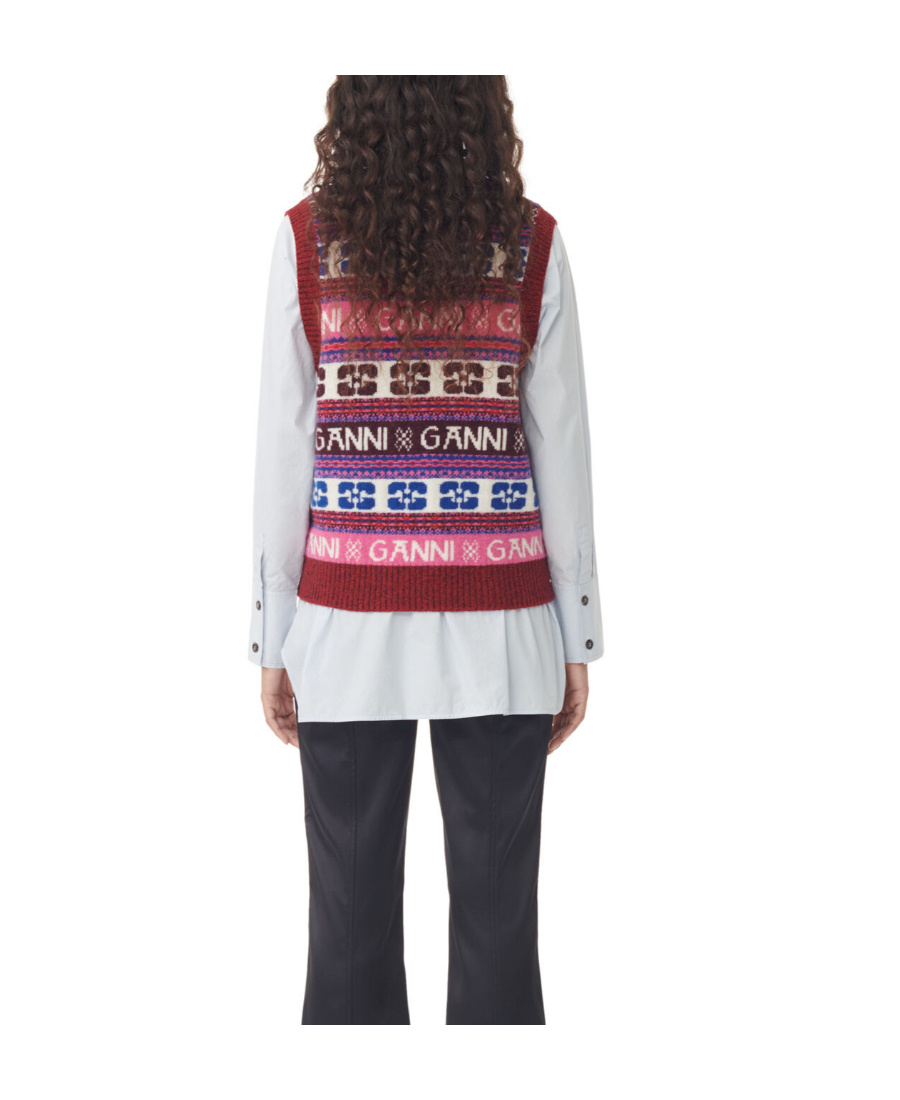Ganni Logo Jacquard Wool-blend Sweater Vest In Red