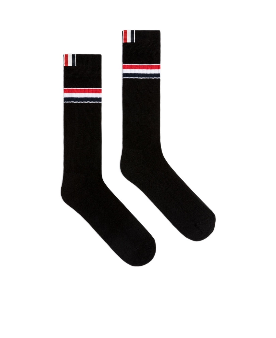 Shop Thom Browne Stripe-detail Mid-calf Socks In Black