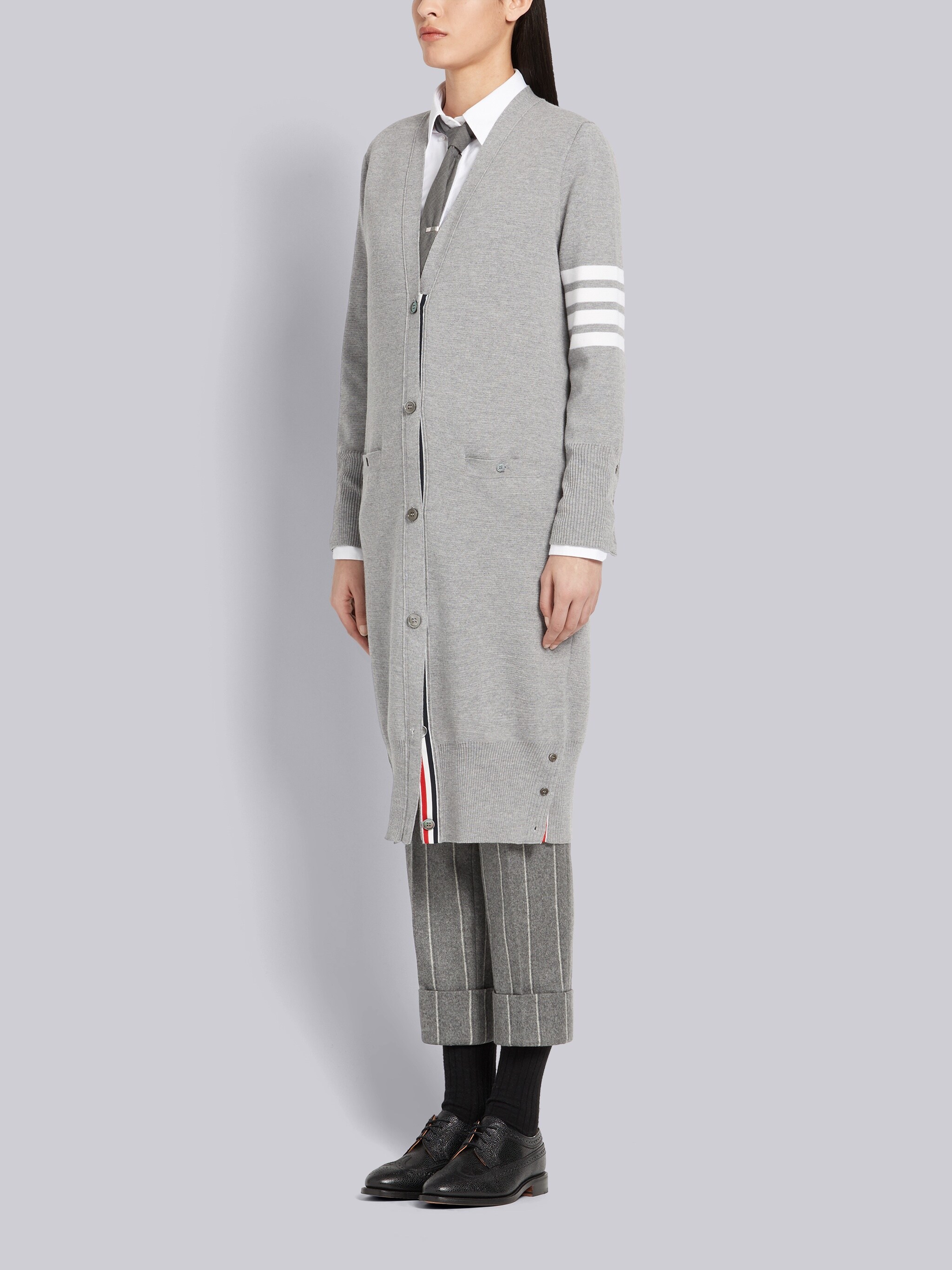 Thom Browne Virgn Wool Cardigan Dress With Sporty Stripe Detail In Gray