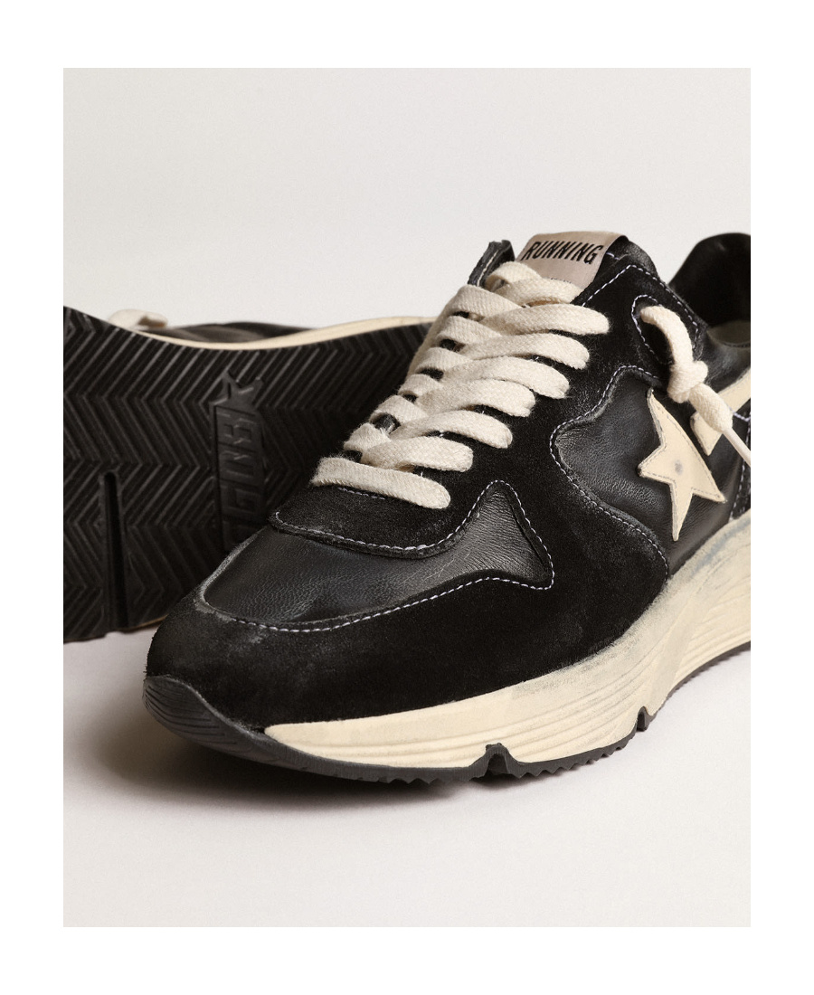 Golden Goose Womens Running Sole Sneakers In Black Nappa Leather And Suede With White Leather Star In Black