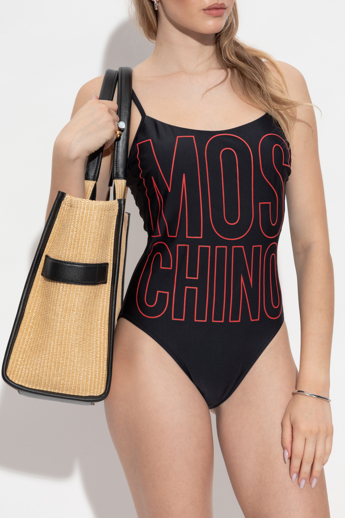 Moschino Logo-print V-neck Swimsuit In Black