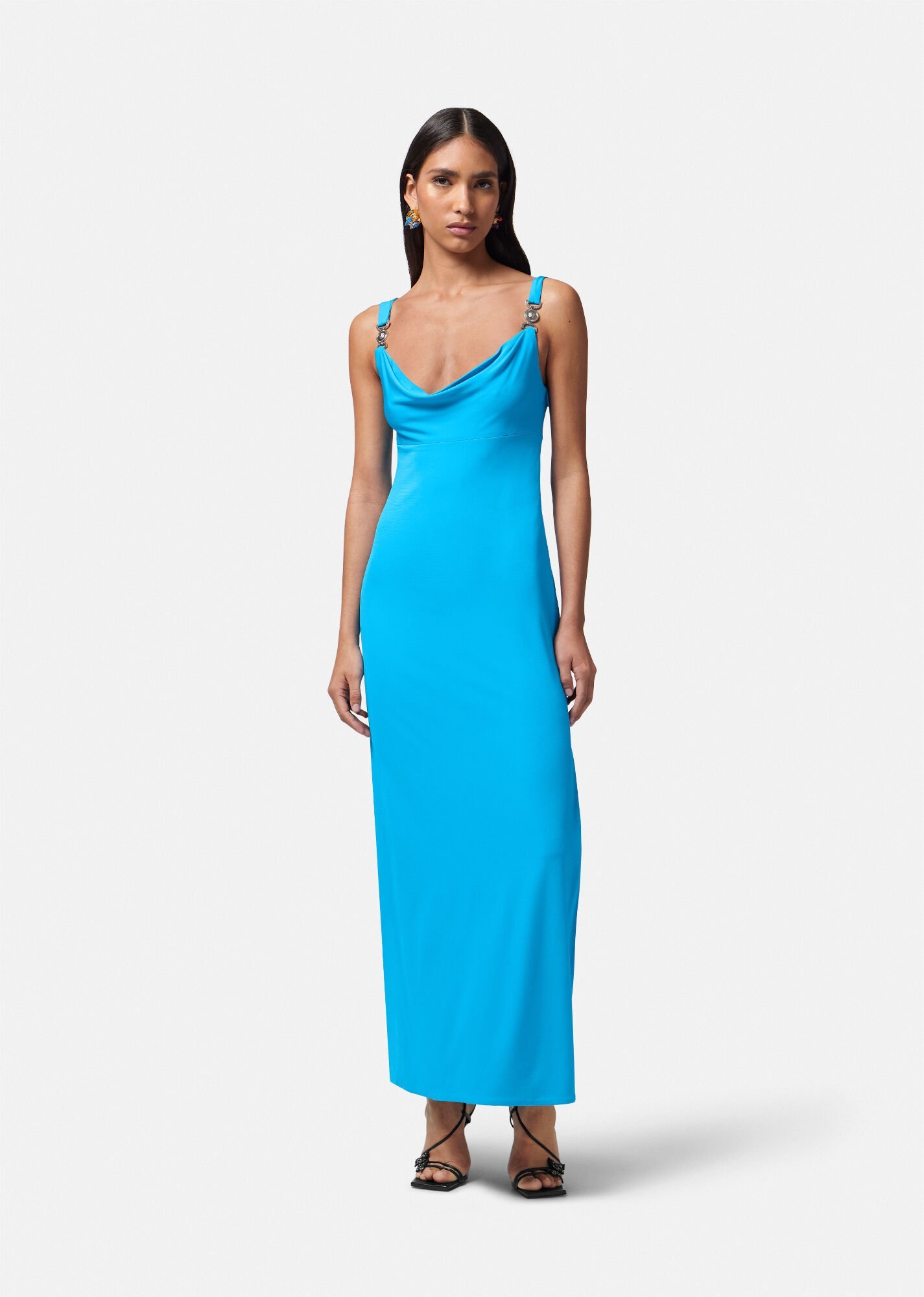 Versace Embellished Draped Metallic Jersey Dress In Blue