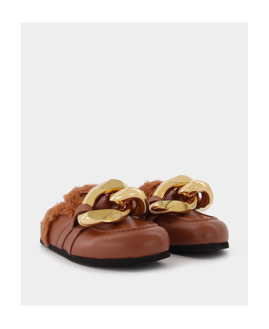 Jw Anderson Flat Chain Faux Fur Lining Leather Sandals In Brown